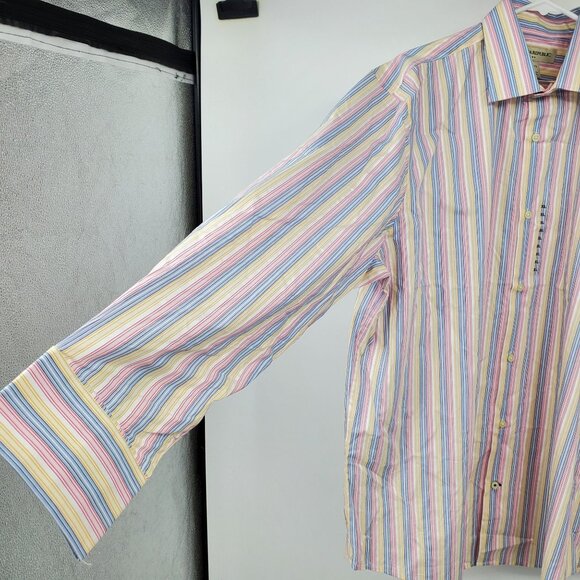 NWT Banana Republic Pink, Blue, Yellow Striped Collared Dress Shirt XL 17 - 17.5 - Picture 7 of 10